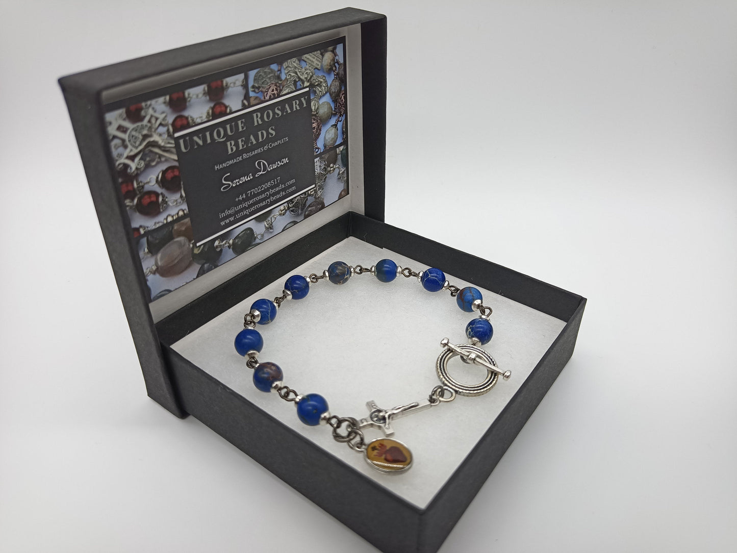 Men's Sacred Heart blue jasper single decade gemstone bracelet, Black wire Tenner rosary beads, Men's prayer beads, Christian prayer beads.