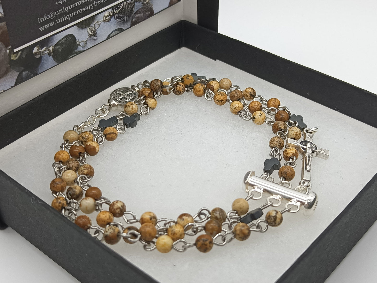 Men's five decade stone rosary bracelet, Full rosary bracelet, St Benedict stone rosary beads, Men's prayer beads, Christian prayer beads.
