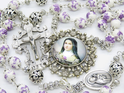Saint Therese of Lisieux Porcelain RELIC Rosary beads, Silver Rose Rosaries, Devotional Prayer Rosaries, Sacramental Rosary beads.