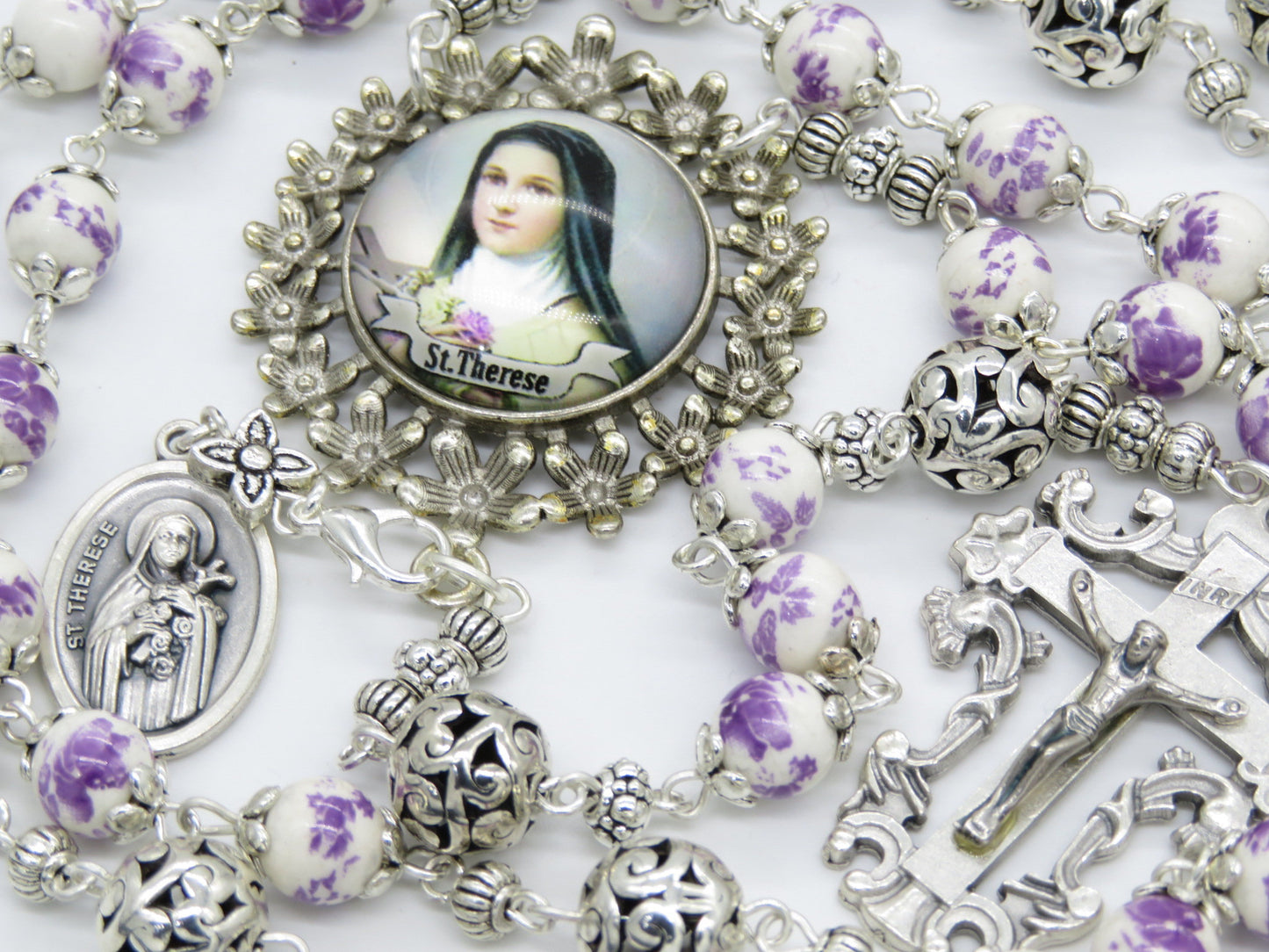 Saint Therese of Lisieux Porcelain RELIC Rosary beads, Silver Rose Rosaries, Devotional Prayer Rosaries, Sacramental Rosary beads.