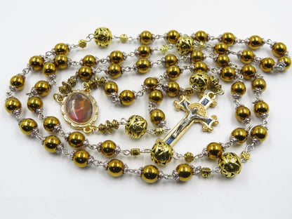 Gold St Mary Magdalene gemstone Rosary beads, St Benedict enamel Crucifix Rosaries, Madonna Rosaries, Gemstone rosary beads, religious gift.
