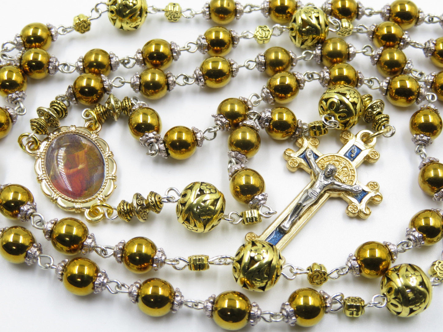 Gold St Mary Magdalene gemstone Rosary beads, St Benedict enamel Crucifix Rosaries, Madonna Rosaries, Gemstone rosary beads, religious gift.
