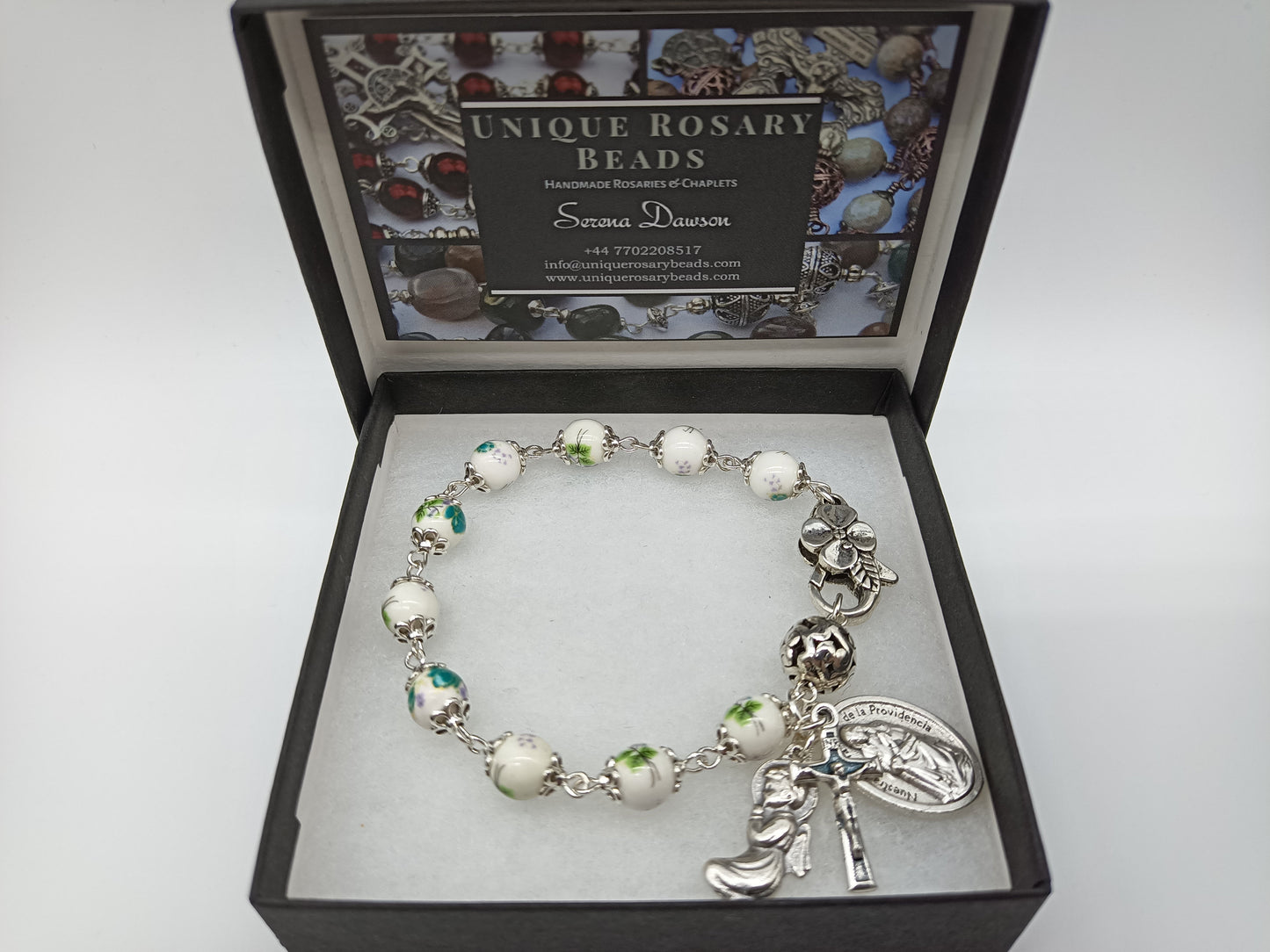 Our Lady of Divine Providence Floral Porcelain single decade Rosary Bracelet, Guardian Angel medal, Holy Communion gift.