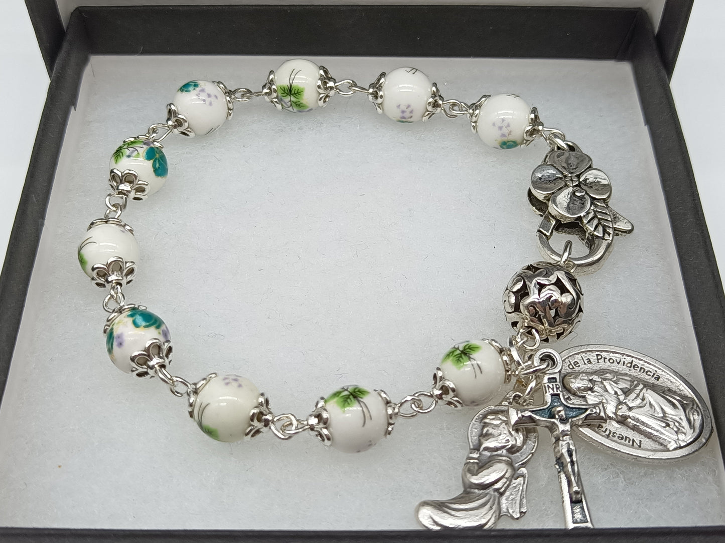 Our Lady of Divine Providence Floral Porcelain single decade Rosary Bracelet, Guardian Angel medal, Holy Communion gift.