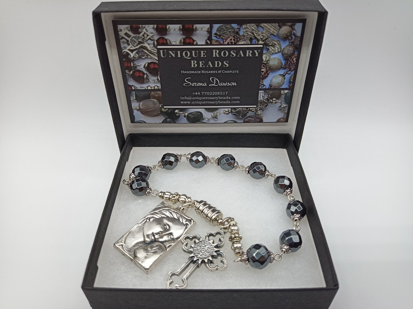 Handmade single decade travel Rosary chaplet, Large Virgin and child Jesus medal. St. Benedict Cross. Car visor prayer Rosary beads.