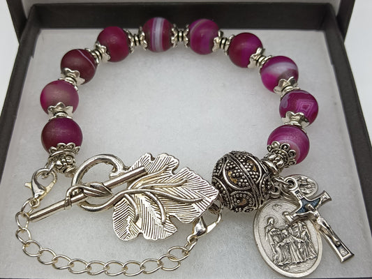 Frosted Agate gemstone Catholic Rosary Decade Bracelet, Holy Family & Guardian Angel medal, Pocket Rosary, Confirmation gift, Wedding gift.