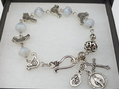 Miraculous Medal Rosary Bracelet, A Pocket Rosary with Tibetan Silver Dove beads, Bridal gift, Wedding favour, Holy Communion gift. Baptism