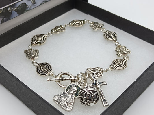 Sacred Heart of Jesus Rosary decade Bracelet, Confirmation gift, Silver Butterfly Beads, Wedding gift. Spiritual Jewellery, Christian beads.