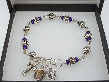 Immaculate heart of mary bracelet, Amethyst and silver Rosary decade bracelet, Miraculous medal bracelet, religious jewellery, crucifix.