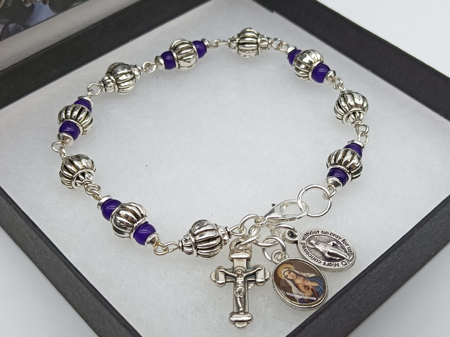 Immaculate heart of mary bracelet, Amethyst and silver Rosary decade bracelet, Miraculous medal bracelet, religious jewellery, crucifix.