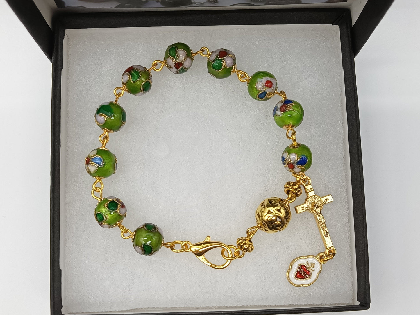 Handcrafted Cloisonné Rosary decade charm bracelet, Sacred Heart charm bracelet, Religious silver jewellery.