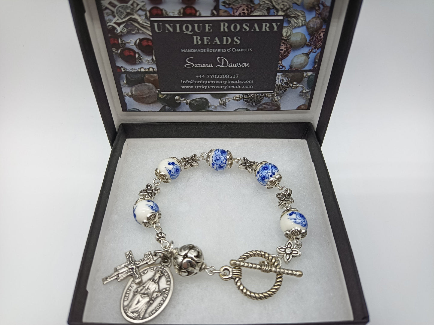 Porcelain single decade rosary bracelet, Our Lady Queen of Heaven Bracelet, St. Frances Crucifix, Jewellery gift, Religious medals.