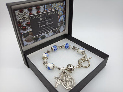Porcelain single decade rosary bracelet, Our Lady Queen of Heaven Bracelet, St. Frances Crucifix, Jewellery gift, Religious medals.