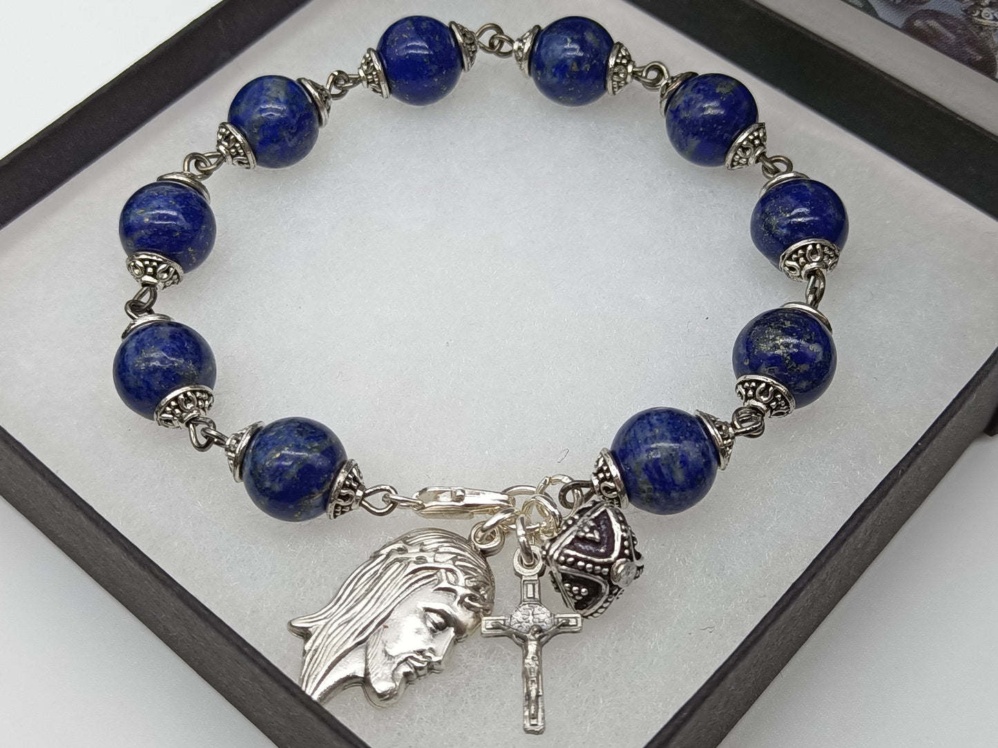 Lapis Lazuli Crown of Thorns decade Rosary bracelet, Holy Face decade bracelet, Spiritual gift. Pocket Rosary, Travel Car Visor Rosary