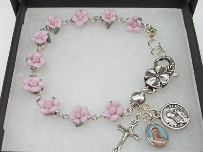 St Therese Rosary bracelet, Single decade rose bracelet, Spiritual gift. Pocket Rosary, Travel Car Visor Rosary