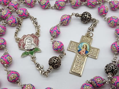 Immaculate Heart of Mary Crucifix, Floral Rosary gift set, Virgin Mary enamel centre Rosaries, Bali bead Rosaries, Sacramental Rosary beads.