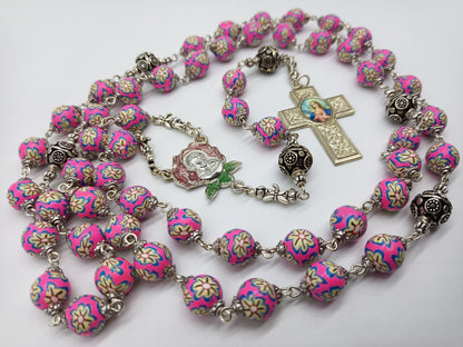 Immaculate Heart of Mary Crucifix, Floral Rosary gift set, Virgin Mary enamel centre Rosaries, Bali bead Rosaries, Sacramental Rosary beads.
