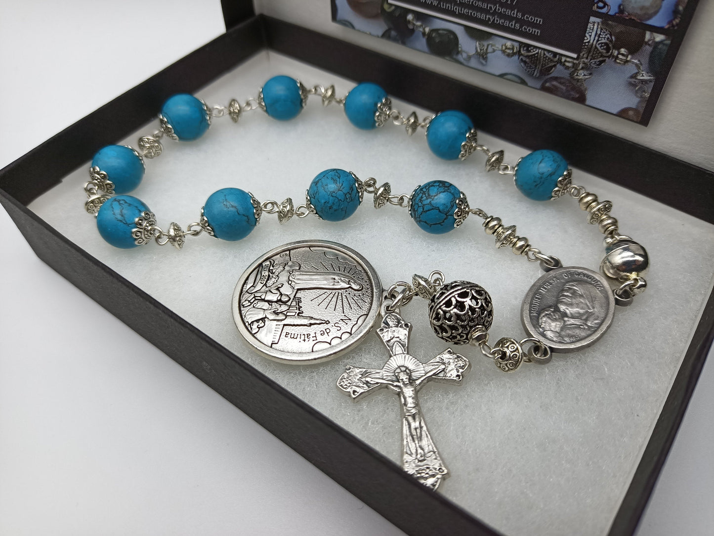 Fatima Centennial medal Car visor Decade Rosary beads, Saint Teresa of Calcutta, Sacred Heart of Jesus medal Rosaries, Pocket Rosaries.