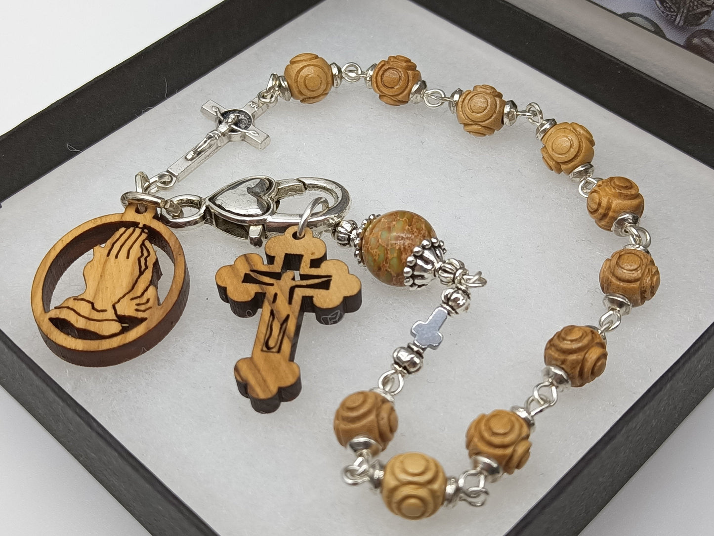 Praying Hands from the Holy Land wooden single decade rosary, Men's Rosary, gemstone rosary beads, pilgrims prayer beads, Communion gift.