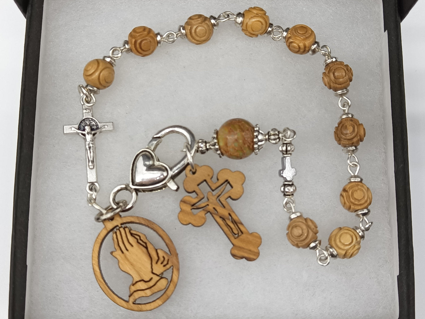 Praying Hands from the Holy Land wooden single decade rosary, Men's Rosary, gemstone rosary beads, pilgrims prayer beads, Communion gift.