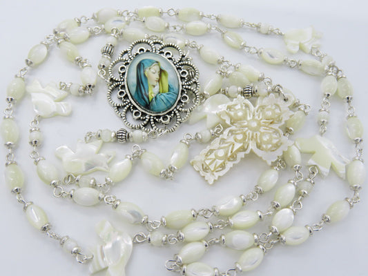 Genuine Mother of Pearl Our Lady of Sorrows Rosary beads, 7 sorrows rosary beads, prayer beads, Holy Spirit Rosaries, Sacramental gift.
