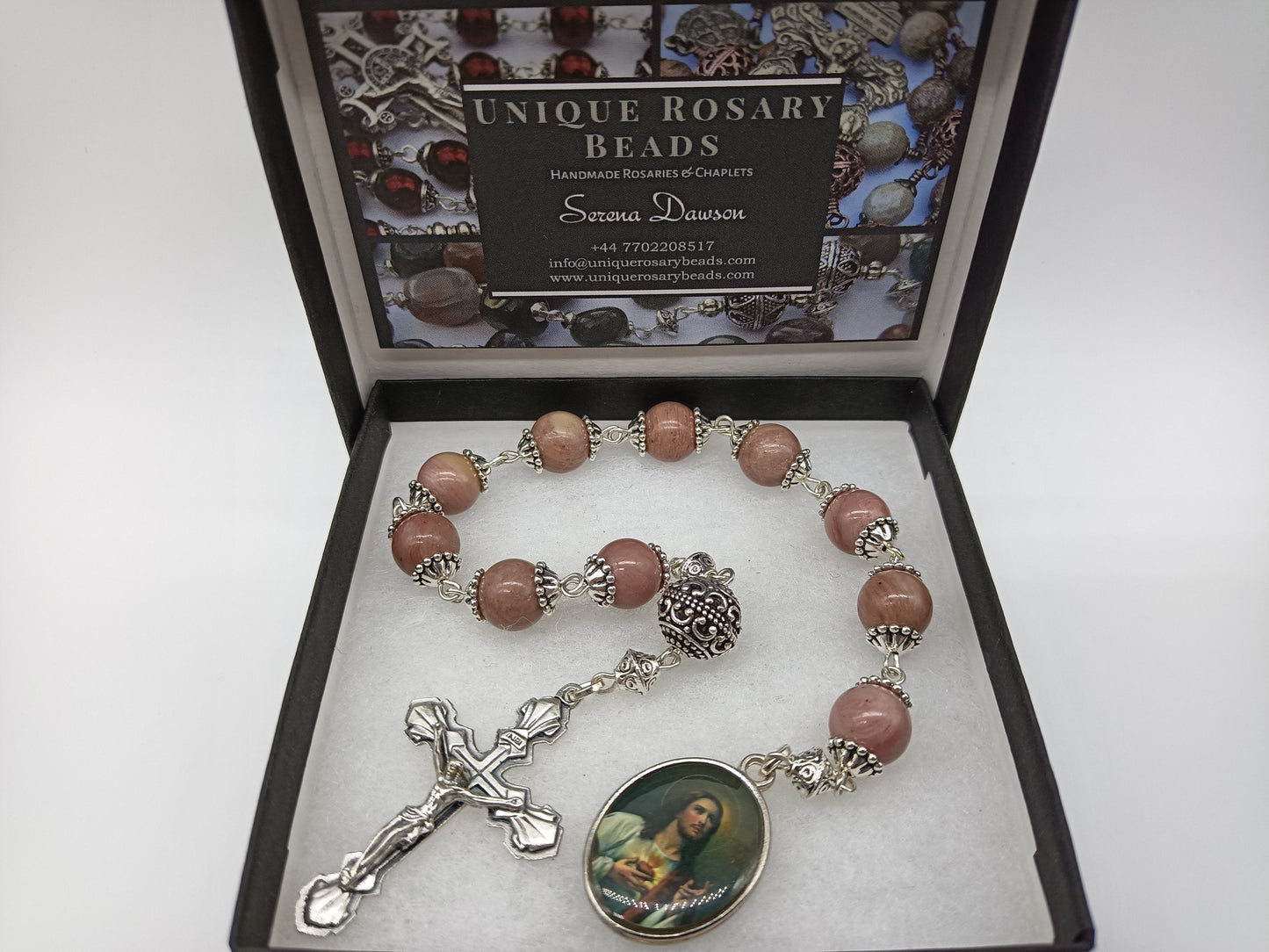 Sacred Heart single decade rosary beads, Rhodonite prayer beads, Healing prayer chaplet, Pocket Rosary beads, Men's travel prayer beads.