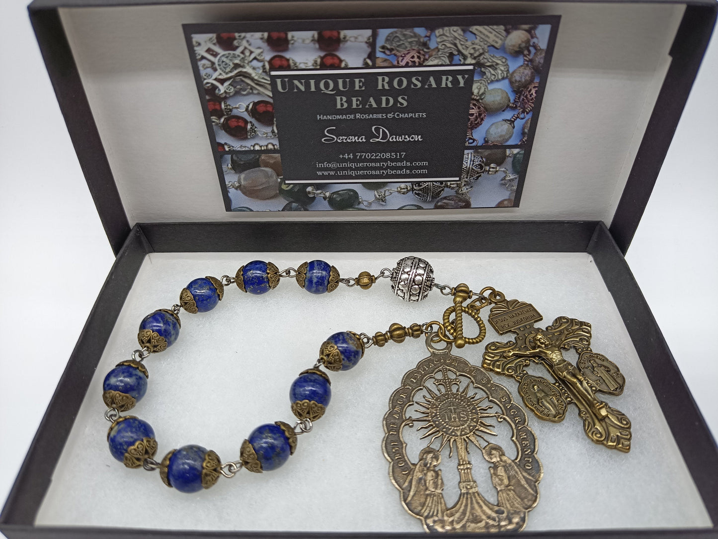 Vintage Heirloom Blessed Sacrament in Monstrance medal, Gemstone Rosary beads, Pardon Crucifix Rosary, Lapis Lazuli rosary prayer beads.
