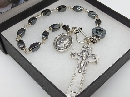 Saint John Bosco gemstone single decade rosary beads, Penal crucifix prayer beads, Our Lady of Mount Carmel, Men's pocket prayer Beads.