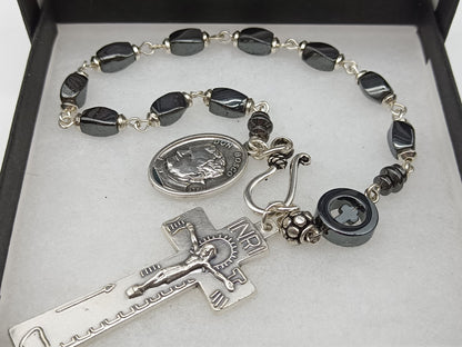 Saint John Bosco gemstone single decade rosary beads, Penal crucifix prayer beads, Our Lady of Mount Carmel, Men's pocket prayer Beads.