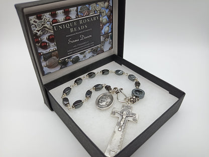 Saint John Bosco gemstone single decade rosary beads, Penal crucifix prayer beads, Our Lady of Mount Carmel, Men's pocket prayer Beads.