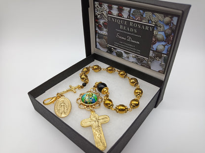 Saint Joseph gold Hematite single decade rosary, Men's tenner rosary beads, Miraculous medal Travel Rosary beads, Pocket Rosary beads.