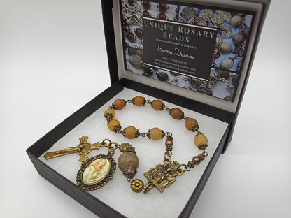 St Dymphna agate gemstone single decade Rosary beads, Coronation of Our Lady medal, St Benedict Crucifix, Rosaries, Pocket Rosaries