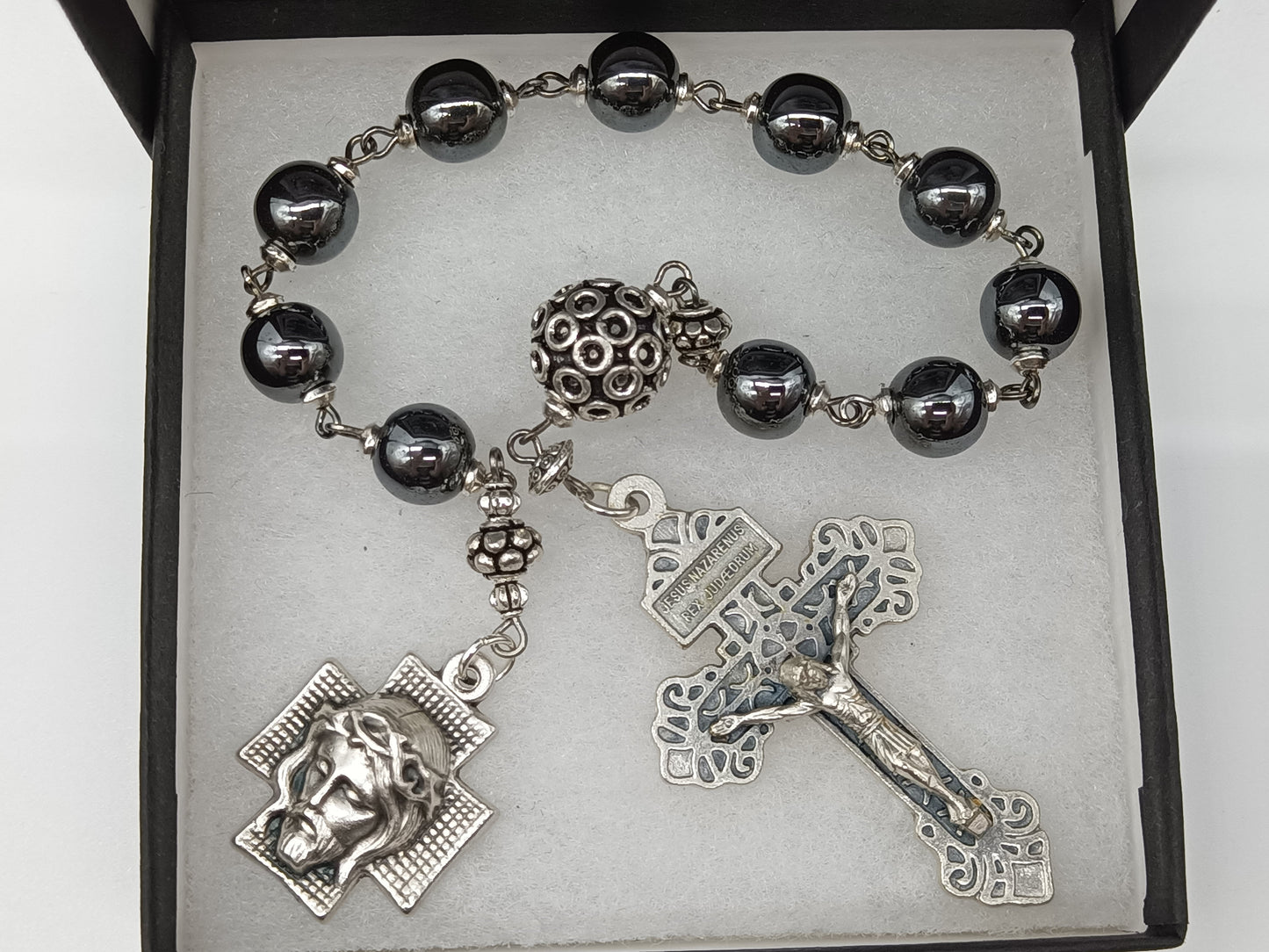 Holy Face Single decade Hematite gemstone Rosary beads, Men's Rosary, Crown of Thorns Rosary beads, Pardon Crucifix, Tenner Rosary beads.