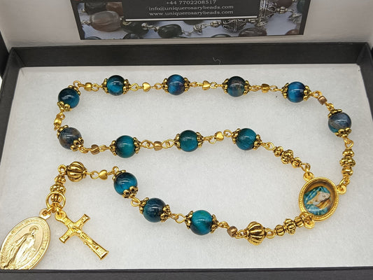 Our Lady of Sorrows Blue Tigers eye Rosary beads single decade, Tenner rosary Rosary beads, Spiritual Wedding beads, Bridesmaid gift.