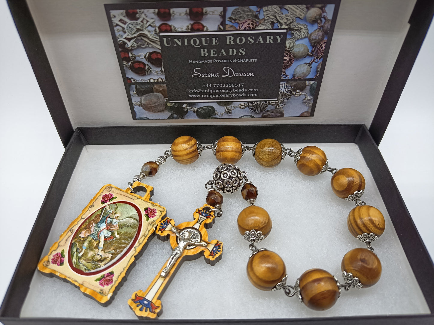 Large Saint Michael tenner / single decade rosary beads, Olive wood St. Benedict Crucifix, pocket prayer Beads, Antique prayer beads.