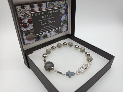 Stainless steel & gemstone single decade bracelet, Men's Stainless steel Tenner rosary beads, Men's prayer beads.
