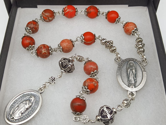 Our Lady of Guadalupe RELIC gemstone single decade rosary, Men's tenner rosary beads, RELIC Pocket Rosary beads.