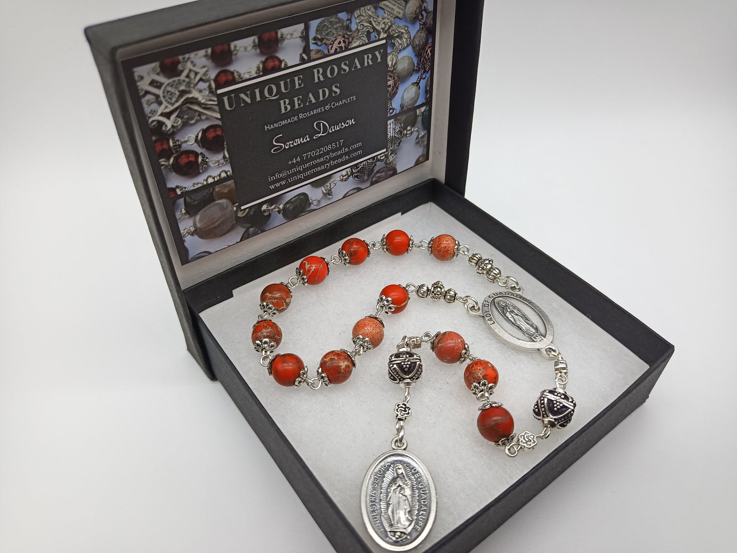 Our Lady of Guadalupe RELIC gemstone single decade rosary, Men's tenner rosary beads, RELIC Pocket Rosary beads.