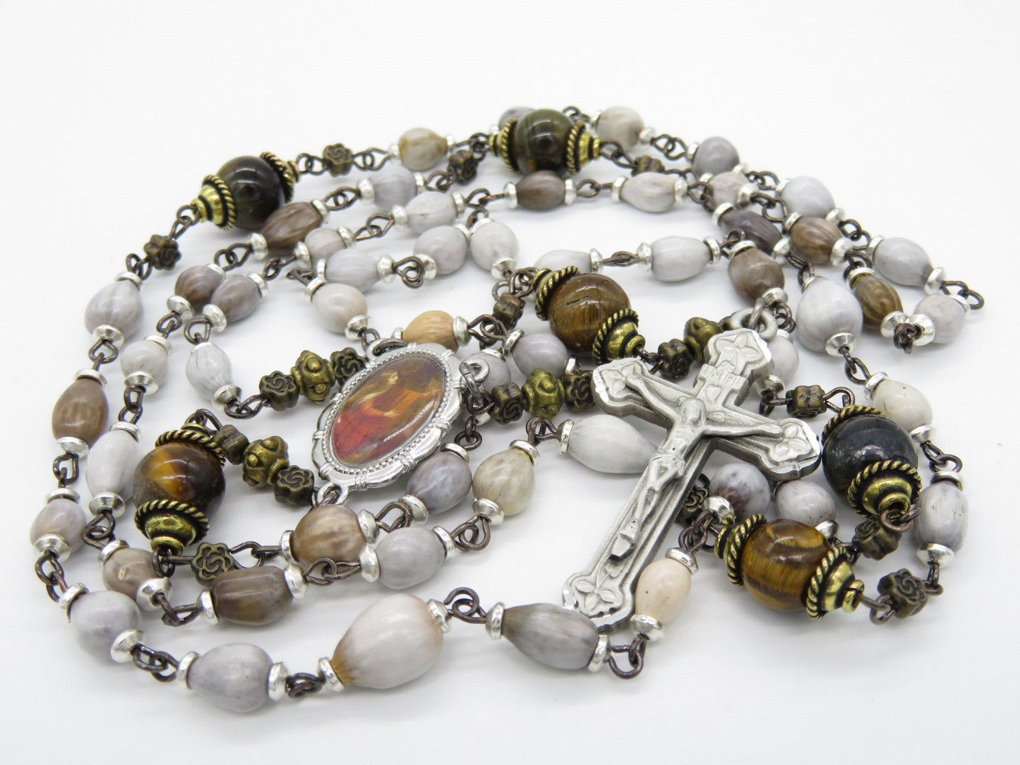 Saint Mary Magdalene Handcrafted Job's tear's Rosary beads, Tigers eye Gemstone Rosaries, Pewter Crucifix, Prayer beads,