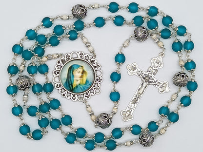 Blue glass Our Lady of Sorrows rosary beads, Glass Holy Trinity rosaries, Dolor Rosary beads, wedding Rosaries, Confirmation Rosary.