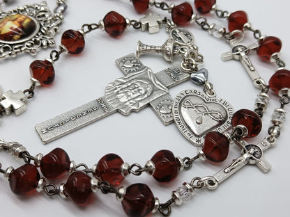 Precious Blood red glass prayer chaplet, Holy Face of Jesus Turin Shroud Crucifix, St. Benedict, The Passion of Christ prayer beads, medal.
