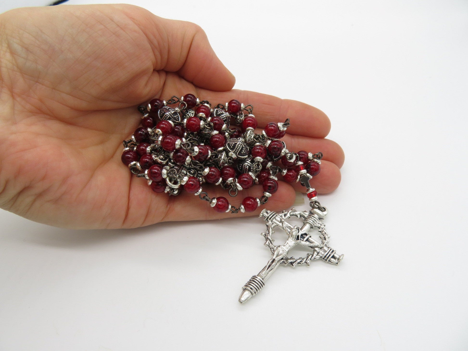 Crowning with Thorns unique rosary beads with deep red glass and silver beads, silver nail crucifix and picture centre medal.