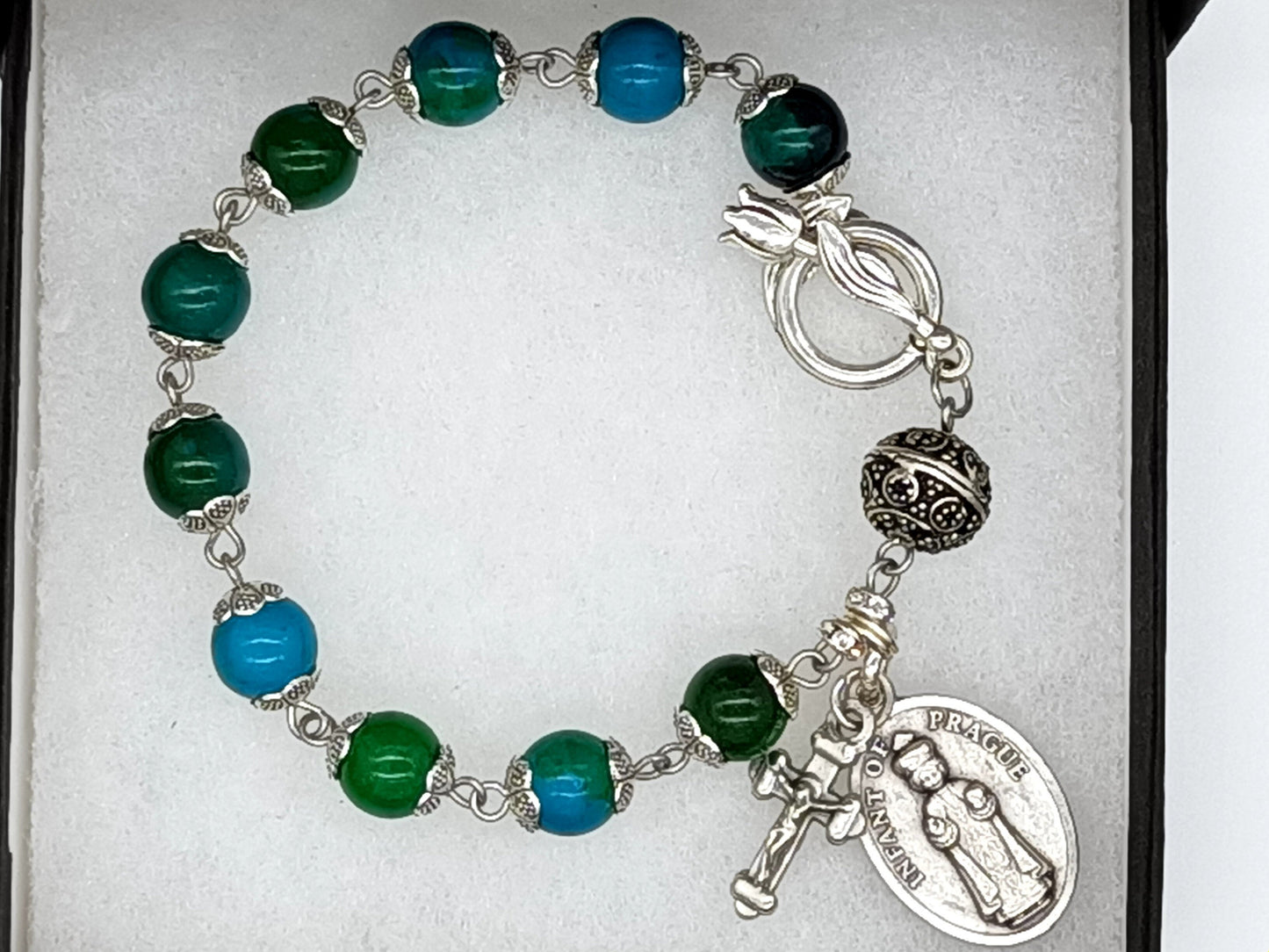 Infant of Prague single decade gemstone bracelet, Tenner rosary beads, Sacred Heart medal, Child Jesus rosary, Christian prayer beads.
