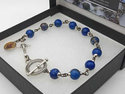 Men's Sacred Heart blue jasper single decade gemstone bracelet, Black wire Tenner rosary beads, Men's prayer beads, Christian prayer beads.