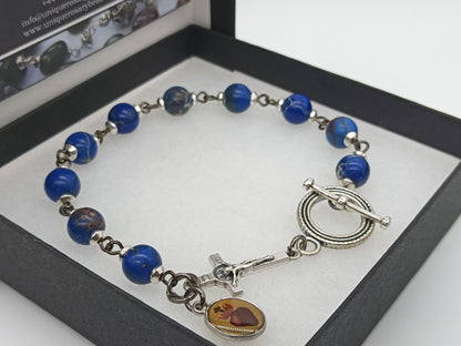 Men's Sacred Heart blue jasper single decade gemstone bracelet, Black wire Tenner rosary beads, Men's prayer beads, Christian prayer beads.