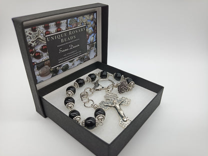 Large Onyx gemstone single decade rosary, Men's tenner rosary beads, Crucifix Rosary beads, Pocket Rosary beads.