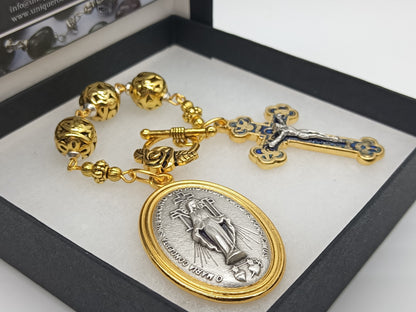 Large Gold Miraculous medal 3 Hail Mary devotional prayer beads, Three Hail Mary prayer beads, Car visor rosary, Miraculous medal.