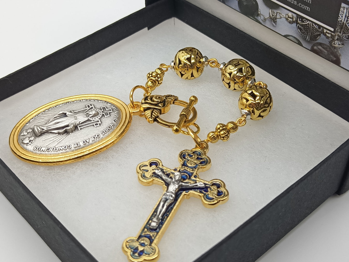 Large Gold Miraculous medal 3 Hail Mary devotional prayer beads, Three Hail Mary prayer beads, Car visor rosary, Miraculous medal.