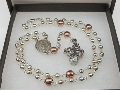 Genuine 925 solid sterling silver and Rose gold Miraculous medal rosary beads, 925 Sterling silver Locket crucifix, Sterling silver chain.
