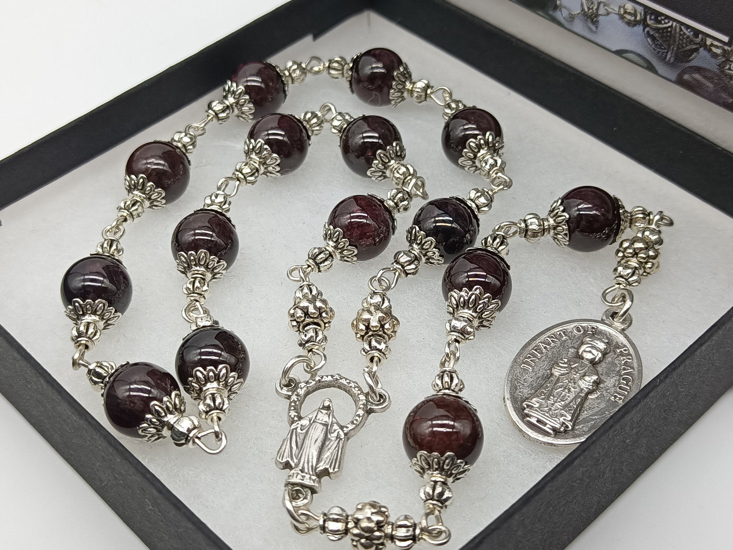 Infant of Prague prayer chaplet, Garnet prayer beads, Baptismal gift, Confirmation gift, Religious gift, Spiritual prayer beads.